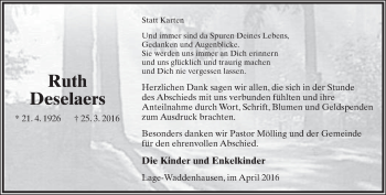 Anzeige  Ruth Deselaers  Lippische Landes-Zeitung