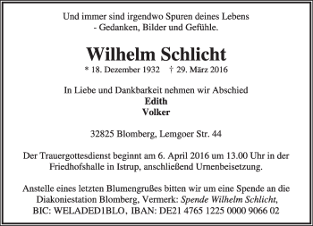 Anzeige  Wilhelm Schlicht  Lippische Landes-Zeitung