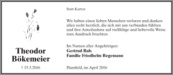 Anzeige  Theodor Bökemeier  Lippische Landes-Zeitung