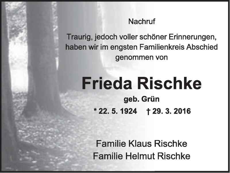  Traueranzeige für Frieda Rischke vom 09.04.2016 aus Lippische Landes-Zeitung