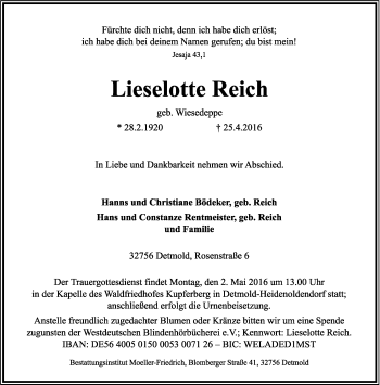 Anzeige  Lieselotte Reich  Lippische Landes-Zeitung