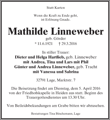 Anzeige  Mathilde Linneweber  Lippische Landes-Zeitung