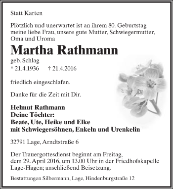 Anzeige  Martha Rathmann  Lippische Landes-Zeitung