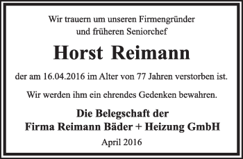 Anzeige  Horst Reimann  Lippische Landes-Zeitung