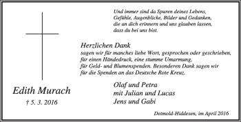 Anzeige  Edith Murach  Lippische Landes-Zeitung