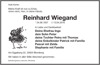 Anzeige  Reinhard Wiegand  Lippische Landes-Zeitung