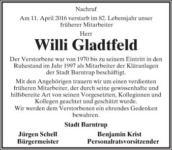 Anzeige  Willi Gladtfeld  Lippische Landes-Zeitung