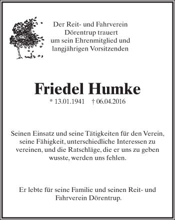 Anzeige  Friedel Humke  Lippische Landes-Zeitung