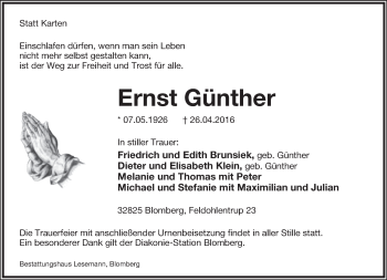 Anzeige  Ernst Günther  Lippische Landes-Zeitung