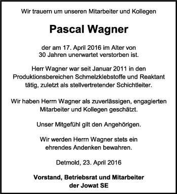 Anzeige  Pascal Wagner  Lippische Landes-Zeitung
