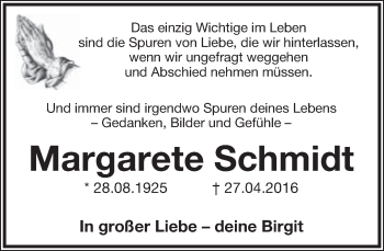 Anzeige  Margarete Schmidt  Lippische Landes-Zeitung