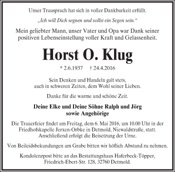 Anzeige  Horst Klug  Lippische Landes-Zeitung