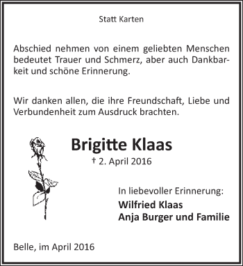 Anzeige  Brigitte Klaas  Lippische Landes-Zeitung