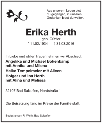 Anzeige  Erika Herth  Lippische Landes-Zeitung