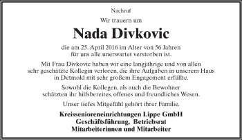 Anzeige  Nada Divkovic  Lippische Landes-Zeitung
