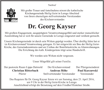 Anzeige  Georg Kayser  Lippische Landes-Zeitung