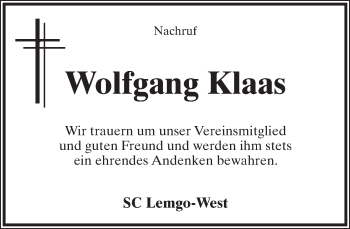 Anzeige  Wolfgang Klaas  Lippische Landes-Zeitung