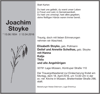 Anzeige  Joachim Stoyke  Lippische Landes-Zeitung