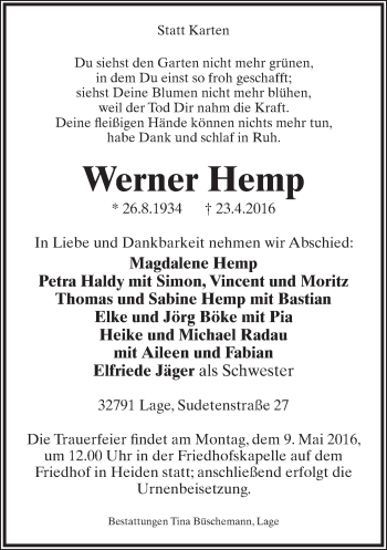 Anzeige  Werner Hemp  Lippische Landes-Zeitung