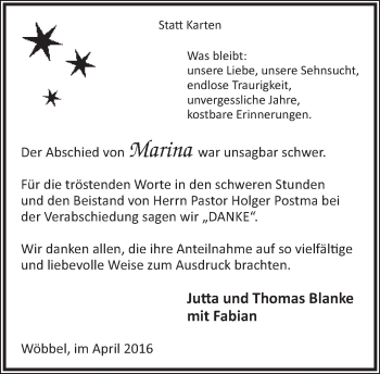 Anzeige  Marina Blanke  Lippische Landes-Zeitung