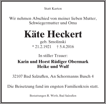 Anzeige  Käte Heckert  Lippische Landes-Zeitung