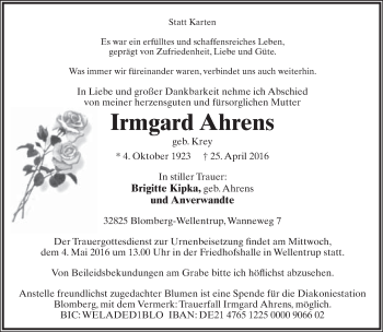Anzeige  Irmgard Ahrens  Lippische Landes-Zeitung