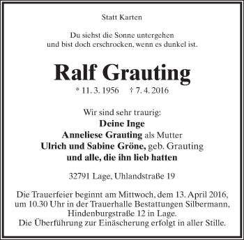 Anzeige  Ralf Grauting  Lippische Landes-Zeitung