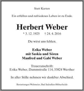Anzeige  Herbert Weber  Lippische Landes-Zeitung