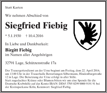 Anzeige  Siegfried Fiebig  Lippische Landes-Zeitung