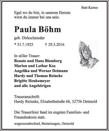 Anzeige  Paula Böhm  Lippische Landes-Zeitung
