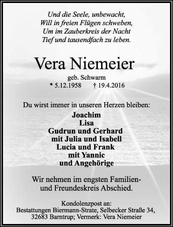 Anzeige  Vera Niemeier  Lippische Landes-Zeitung