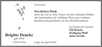 Anzeige  Brigitte Deneke  Lippische Landes-Zeitung