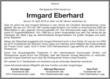 Anzeige  Irmgard Eberhard  Lippische Landes-Zeitung