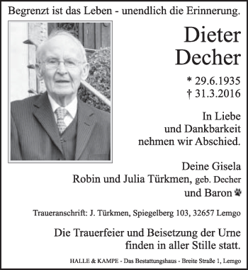 Anzeige  Dieter Decher  Lippische Landes-Zeitung