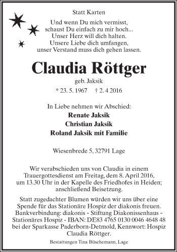 Anzeige  Claudia Röttger  Lippische Landes-Zeitung