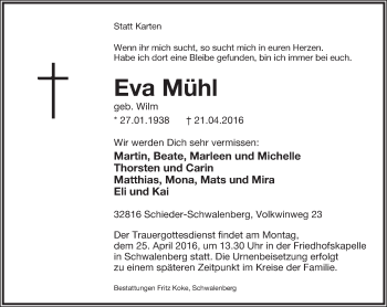 Anzeige  Eva Mühl  Lippische Landes-Zeitung