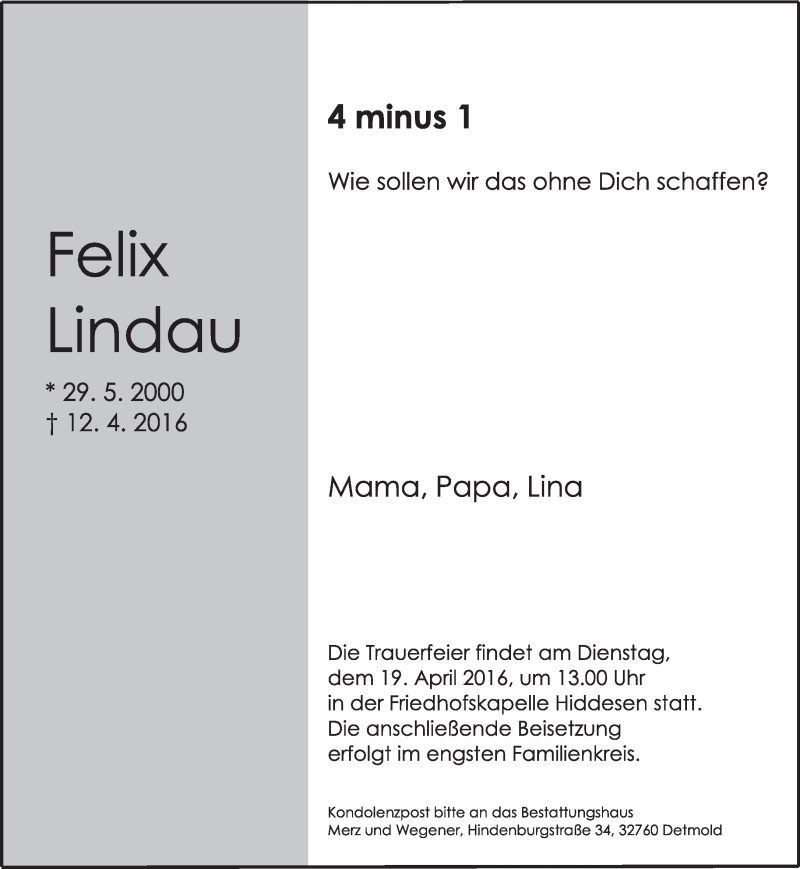  Traueranzeige für Felix Lindau vom 16.04.2016 aus Lippische Landes-Zeitung
