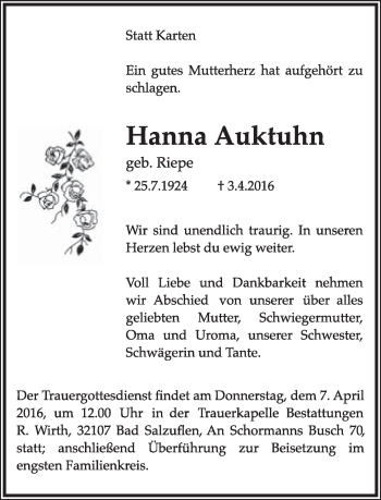 Anzeige  Hanna Auktuhn  Lippische Landes-Zeitung
