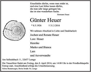 Anzeige  Günter Heuer  Lippische Landes-Zeitung