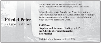 Anzeige  Friedel Peter  Lippische Landes-Zeitung