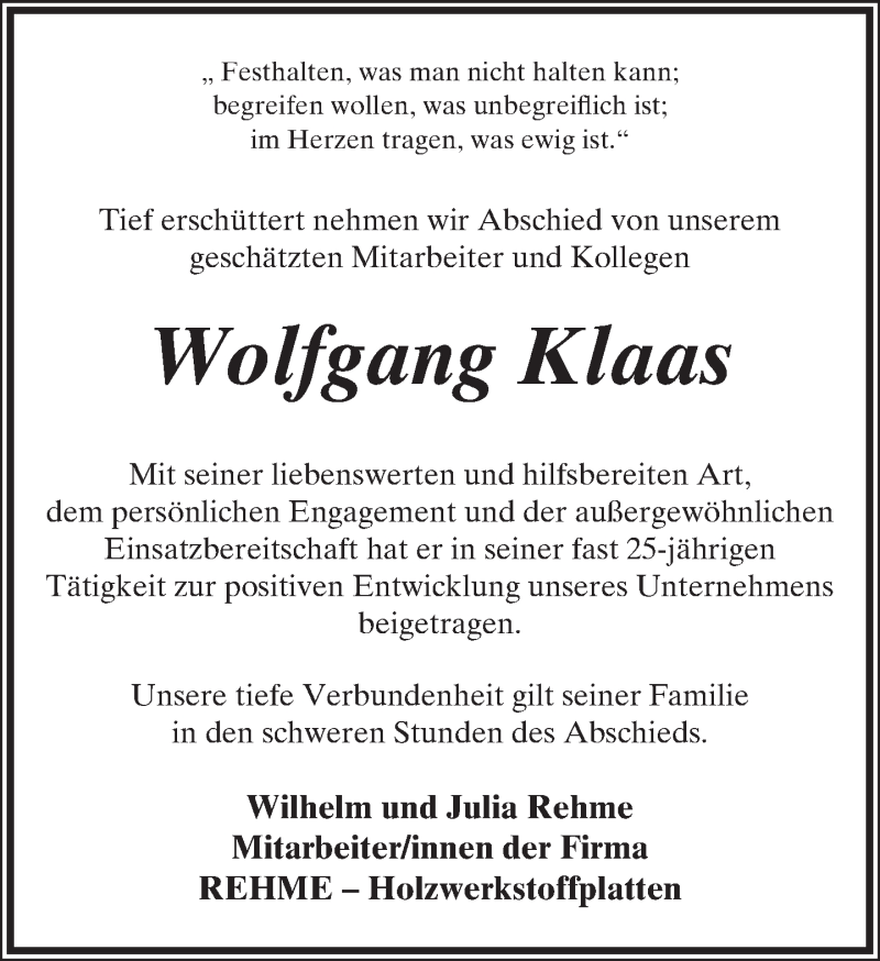  Traueranzeige für Wolfgang Klaas vom 27.04.2016 aus Lippische Landes-Zeitung