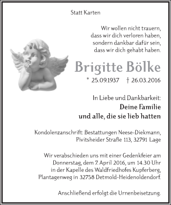 Anzeige  Brigitte Bölke  Lippische Landes-Zeitung