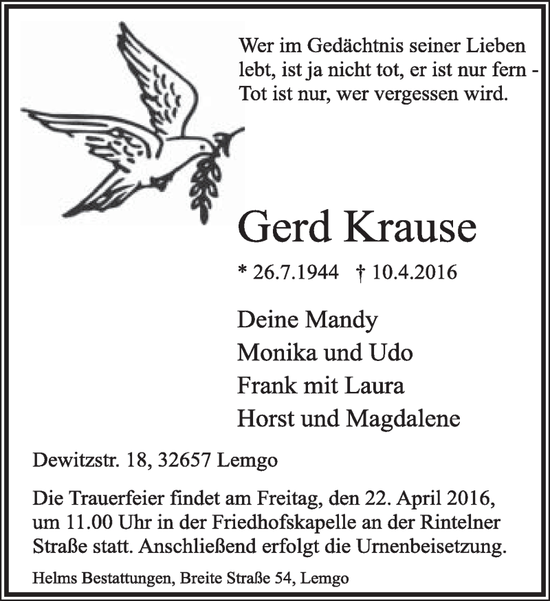  Traueranzeige für Gerd Krause vom 16.04.2016 aus Lippische Landes-Zeitung
