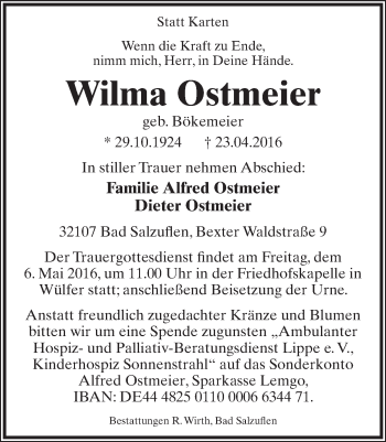Anzeige  Wilma Ostmeier  Lippische Landes-Zeitung