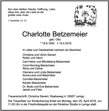 Anzeige  Charlotte Betzemeier  Lippische Landes-Zeitung