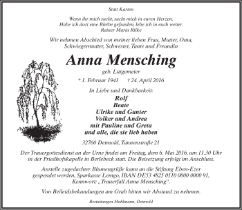 Anzeige  Anna Mensching  Lippische Landes-Zeitung