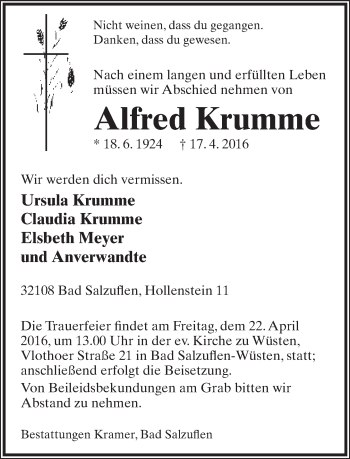 Anzeige  Alfred Krumme  Lippische Landes-Zeitung