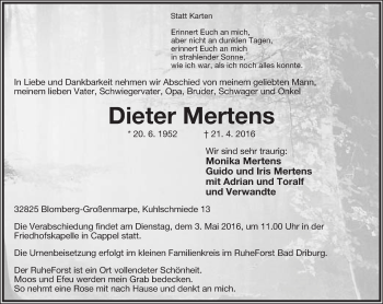 Anzeige  Dieter Mertens  Lippische Landes-Zeitung
