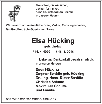 Anzeige  Elsa Hücking  Lippische Landes-Zeitung