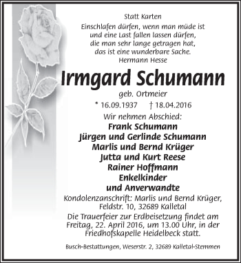 Anzeige  Irmgard Schumann  Lippische Landes-Zeitung